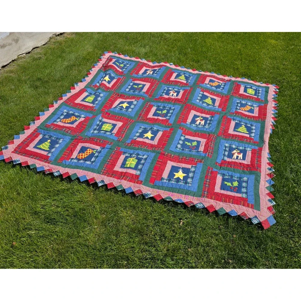 Handmade Christmas Patchwork‎ Quilt Log Cabin Reindeer Star Sawtooth Edge 84x84